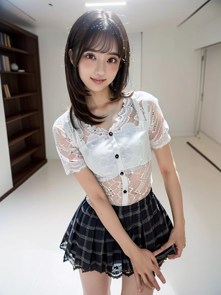 (Highest quality:1.9)、(High resolution)、Live-action image quality、((19 year old female university student、1 person))、Soft lighting by a professional photographer、Natural light、((Very spacious white luxurious room:1.6))、((Bright white room:1.6))、(Standing in front of a very luxurious white bed:1.2)、(White bookshelf background:1.1)、Natural soft light、((Black Hair Color:1.1))、Fair skin、Detailed Eyes、double eyelid、Slightly puffy cheeks、((Small Face:1.0))、((White lace short sleeve shirt、Please wear it with the chest open.:1.7))、((White checked skirt))、(Cute Smile)、((Girly pose 1.8))、((Straight medium-long hair:1.1))、((Full Body Shot:1.2))、((Height: 145cm))、Hands in front、Hold hands between legs、bangs、