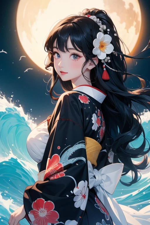 (Highest quality、masterpiece、High resolution、8K)、Ukiyo-e、Vibrant colors、Katsushika Hokusai、1 female、Long Black Hair、The kimono has a vivid floral pattern on a white background.、White waves and Mt. Fuji、Reddish Fuji、White waves, the moon and a woman、White waves, a boat and a woman、White waves, a woman and a seagull、Official Art、背景はUkiyo-e風