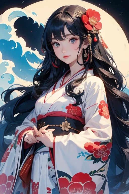 (Highest quality、masterpiece、High resolution、8K)、Ukiyo-e、Vibrant colors、Katsushika Hokusai、1 female、Long Black Hair、The kimono has a vivid floral pattern on a white background.、White waves and Mt. Fuji、Reddish Fuji、White waves, the moon and a woman、White waves, a boat and a woman、White waves, a woman and a seagull、Official Art、背景はUkiyo-e風