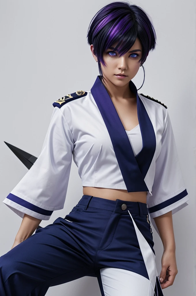 1 person man, White background, short dark blue hair with a purple streak, right eye color,celeste, purple left eye, demon hunter uniform, Marine blue pant, cropped sleeves, blue and white haori