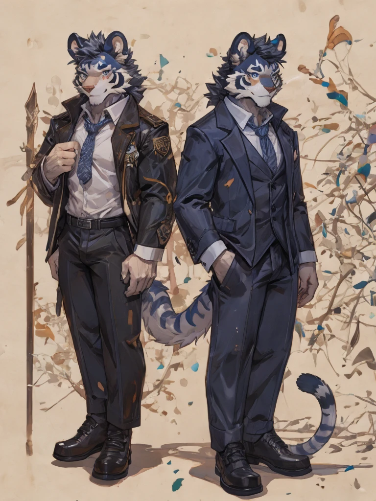 {{bara extremely handsome white tiger,}} {{white fur,}} white, wearing elegant ornate suit jacket, trousers, white dress shirt and necktie, white fluffy furry body and limbs, loafers, very tall, very broad shoulders, narrow waist, muscular arms, massive pecs, purple eyes, very long legs, massive bulge, sophisticated hot look, full body, 3/4 view, best quality, high quality, silver earring on left ear, sultry smirk, multiple views, character sheet