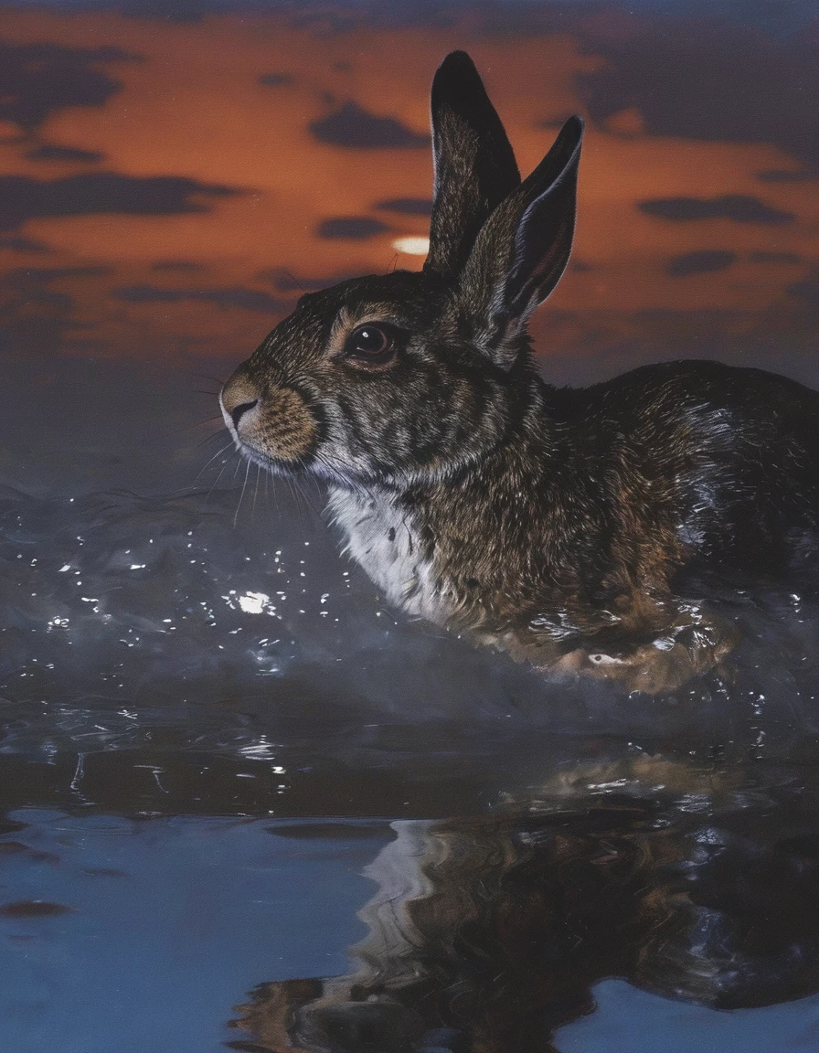rabbit in water, sunset background