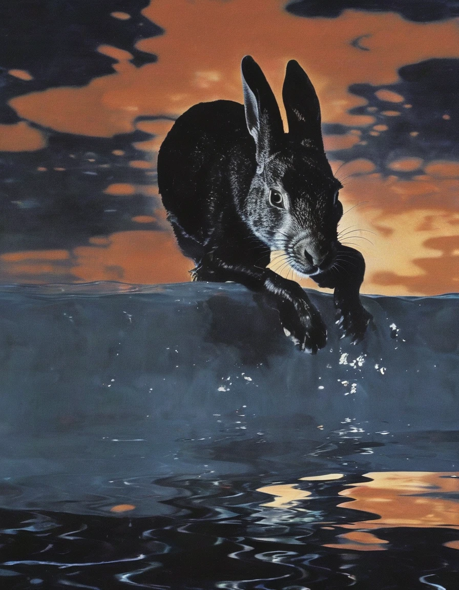 rabbit in water, sunset background