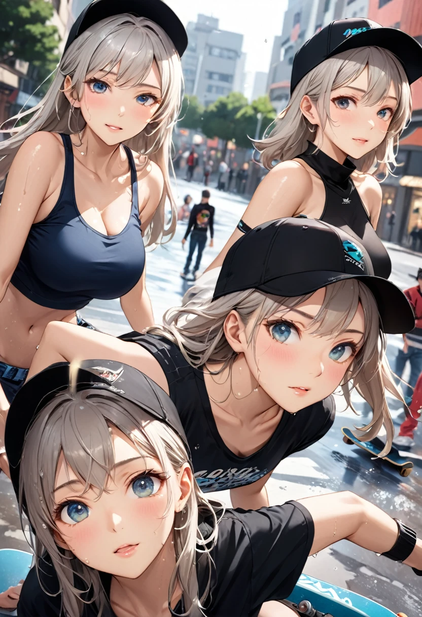 Highest quality, Highest quality, 16K, Unbelievably absurd, Very detailed, 2.5D, delicate and dynamic, , formal, , City, , Wet roads, puddle, puddleに光が反射, , , Small face, Very delicate facial expressions, Delicate eye depiction, Upper body close-up, erotic, Only sexy women, Healthy body shape, 25-year-old woman, Cool woman, Height: 170cm, huge firm bouncing busts,  In town, skateboard, Women's Skateboarder, skateboardオリンピック選手, Street Competition, , , flashy skateboarder clothing, Complex construction, skateboardをする, , Glide, erotic, One sexy woman, healthy shaped body,,