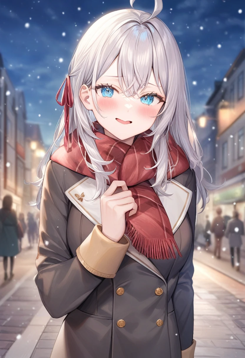 One girl, Alisa Mikhailovna Kujo,Tomorrow, my friend, Arya-san, will be visiting Russia.,alone, Long Hair, Eyebrows visible through hair, Hair between the eyes, Silver Hair, Hair Ribbon, blue eyes, Medium chest, ,Long sleeve, Jacket,
View your viewers,
Highest quality, so beautiful, Snowing street