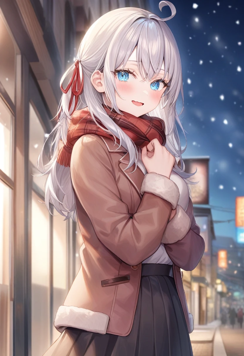 One girl,  Alisa Mikhailovna Kujo,Tomorrow, my friend, Arya-san, will be visiting Russia.,alone, Long Hair, Eyebrows visible through hair, Hair between the eyes, Silver Hair, Hair Ribbon, blue eyes, Medium chest, ,Long sleeve, Jacket,
View your viewers, 
Highest quality, so beautiful, Snowing street