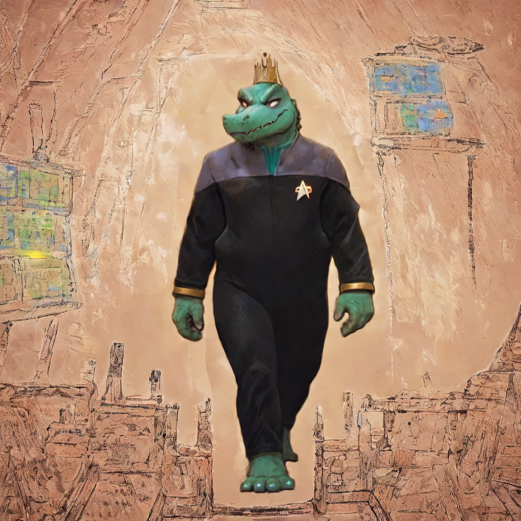 (((Barefoot scaley character, full body, cinematic setting, furry male, plantigrade))) 
Doctor (((kingkrool))), crocodile, green skin, reptile, gold bracelets, scales, bloodshot eye, fat, obese,
exudes confidence and authority, wears star trek DS9 doctor teal uniform, ((ds9st, black and grey star trek uniform, grey shoulders, teal neck, black jumpsuit, black pants)) dynamic pose, holding medical tricorder
((starship interior with many screens and consoles)), futuristic look, metalic, bright colors
BREAK, intricate details, highly detailed, extreme detail, octane render, fine art, best quality, highres, (detailed face:1.5), ((full_body)), UHD, (((perfect hands))), ((low light:1.5))