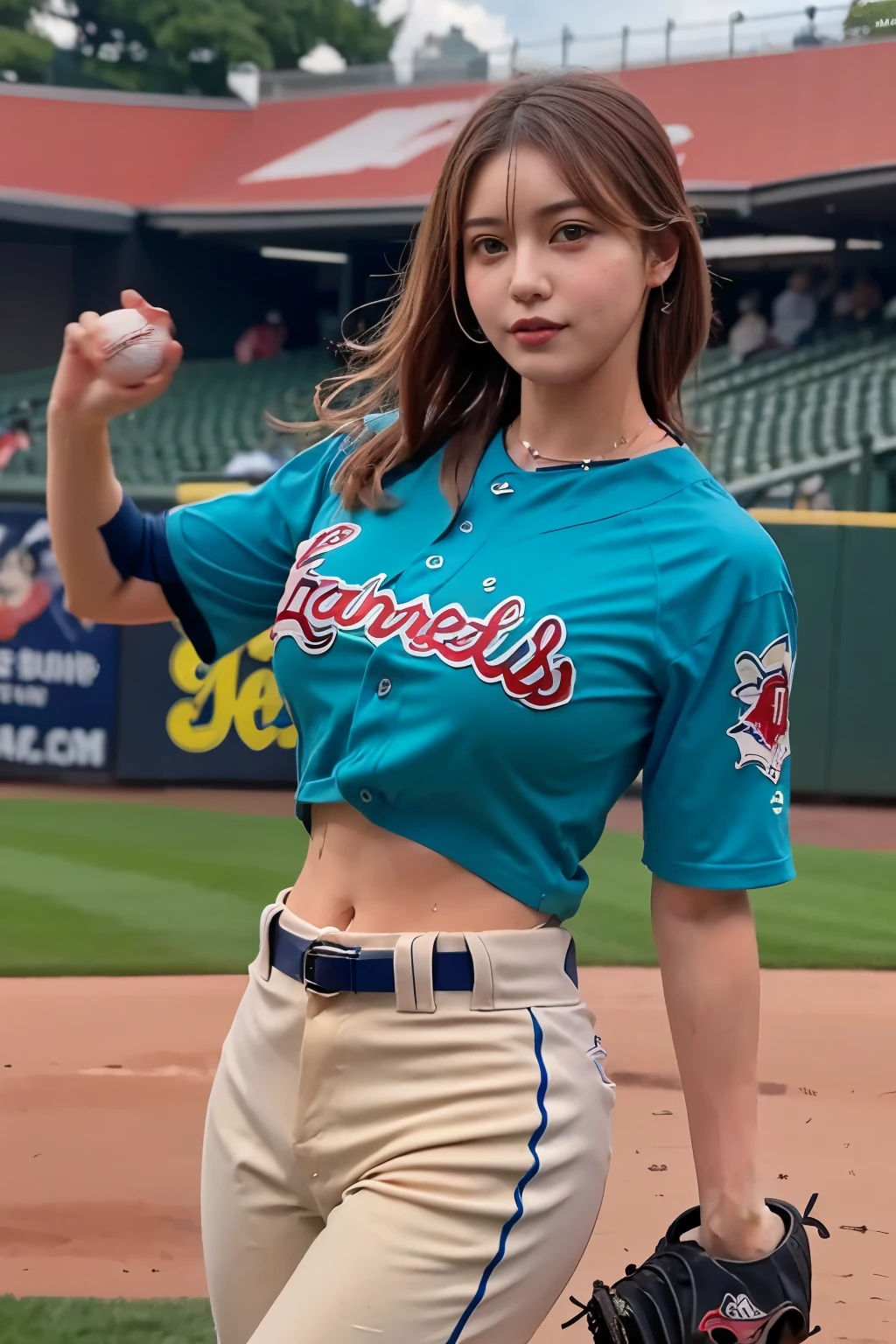 masterpiece, Highest quality, Super detailed), Portrait of an 18 year old woman with light brown hair, Green round eyes, erotic, , Wet with water, 、 (baseball Ground, Baseball uniform, Flashy uniforms, First pitch, pitcher, )  - Auto Ultra Realistic, huge firm bouncing busts, Deep cleavage, Oblique view from below, 