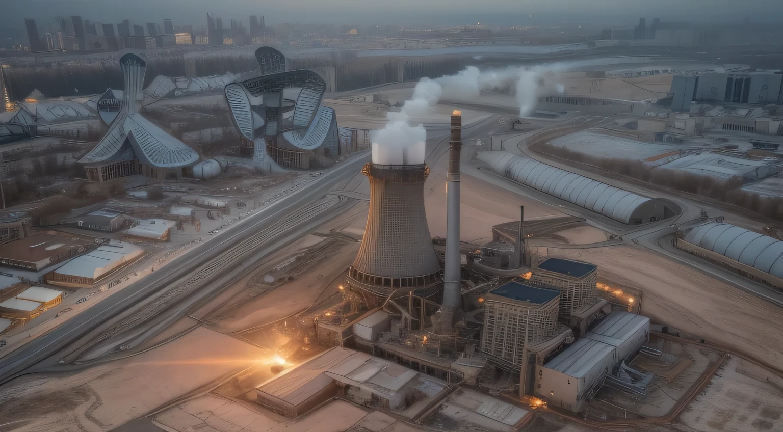 best quality, masterpiece, (((Realistic photos))), Intricate details, RAW photos, Extremely detailed, Thermal power plant in the distance,Cool water tower,Bird's eye view,(sunny,Sunlight,White Cloud:1.5),The lens is from top to bottom,field,grassland,Telephoto lens,Ultra-long-distance thermal power plants