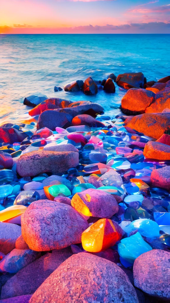 "Beautiful coast、Sunset、A fantastic landscape with colorful stones and marbles scattered around"