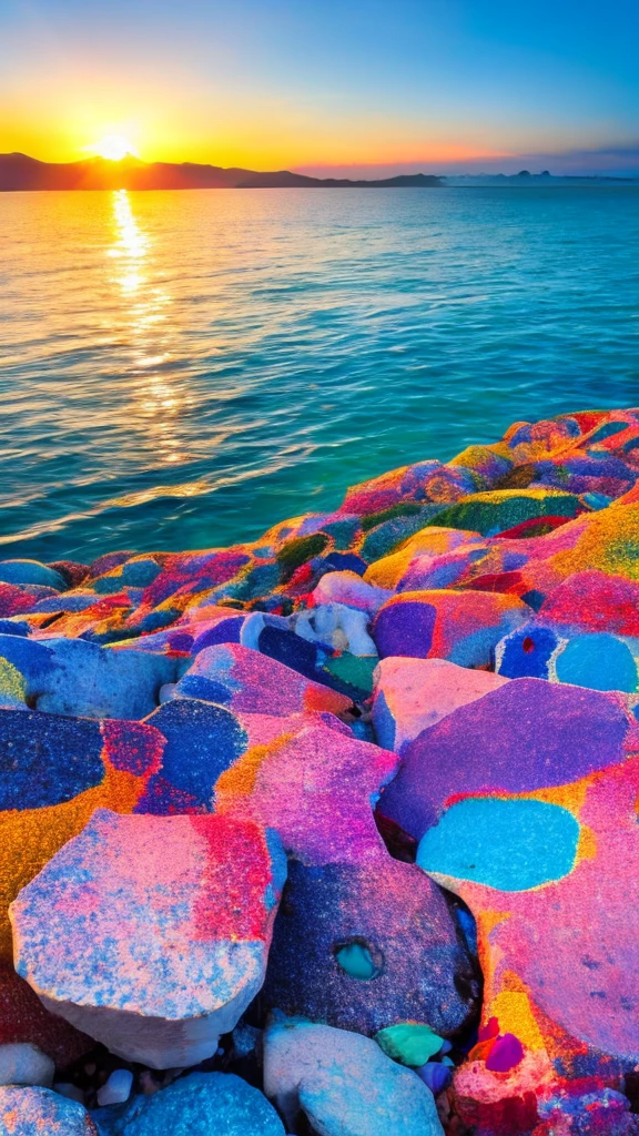 "Beautiful coast、Sunset、A fantastic landscape with colorful stones and marbles scattered around"