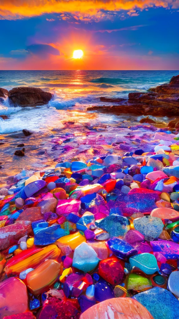 "Beautiful coast、Sunset、A fantastic landscape with colorful stones and marbles scattered around"