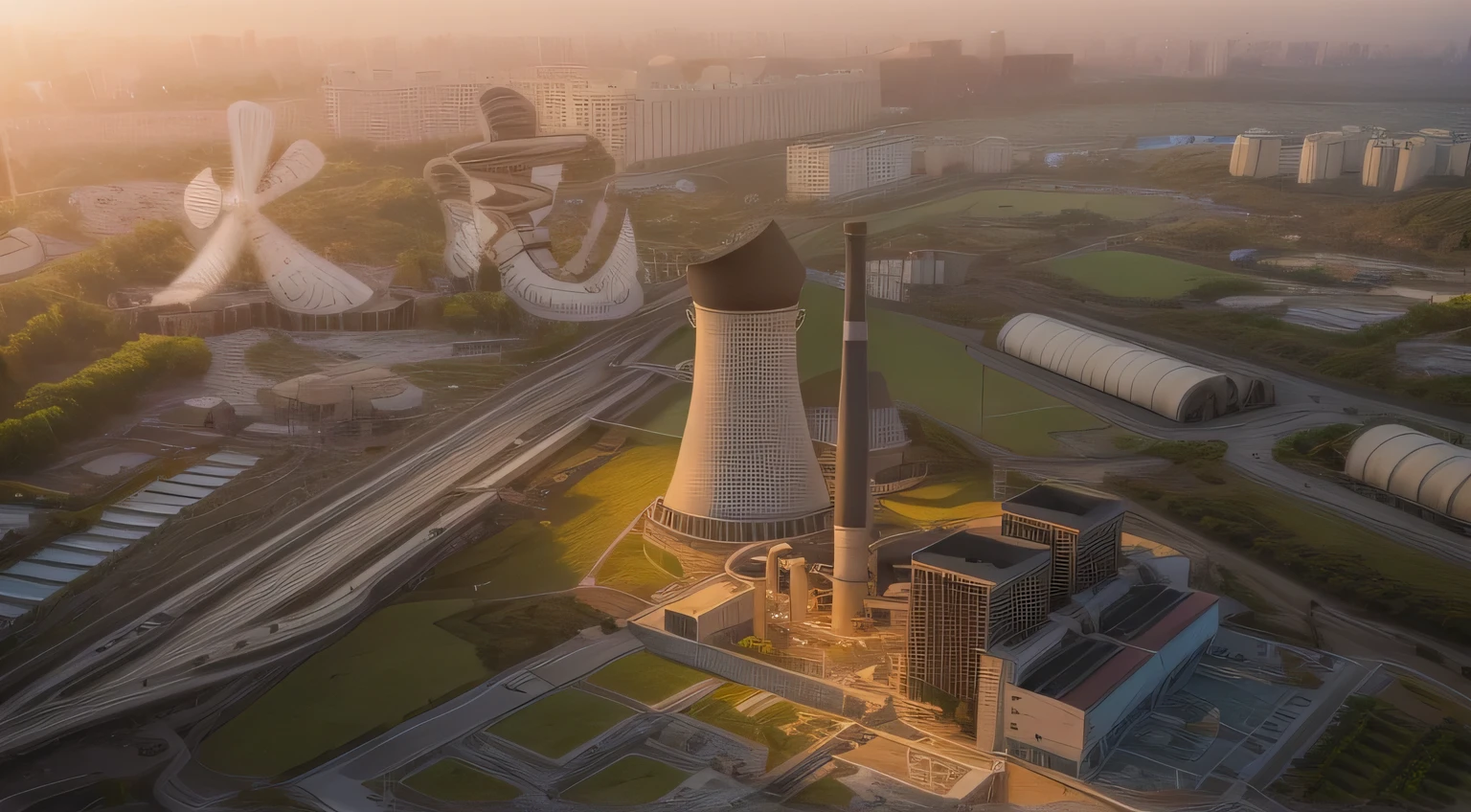 best quality, masterpiece, (((Realistic photos))), Intricate details, RAW photos, Extremely detailed, Thermal power plant in the distance，Cool water tower，Bird&#39;s eye view，(sunny，Sunlight，White Cloud:1.5),The lens is from top to bottom,field，grassland，Telephoto lens，Ultra-long-distance thermal power plants