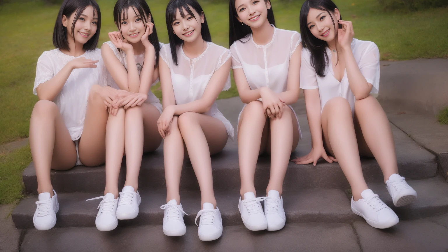 Three happy girls were sitting on the stone steps, Take a full body photo、Laughing happily、She was wearing a white blouse, Vans Sneakers, Red checked skirt、White sneakers, Black Hair, detached houses, Flowers,Happy girl with round face, Big eyes, Long eyelashes, Full-body display、Detailed Private Parts、Hairless、Detailed female genitalia、Spread your legs、From directly below、Spread your legake sure your pussy is clearly visible