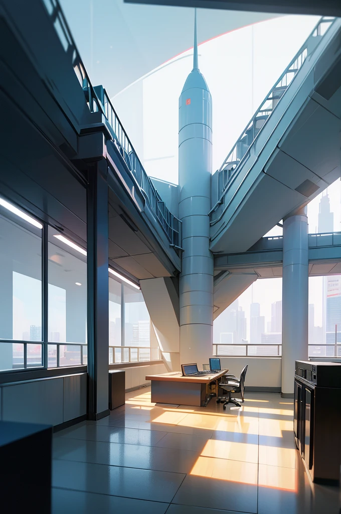 office, The office of the future, futuristic design, large desk, wall with paintings and diplomas, Glossy floor, hlLarge spacious windows, outside the window you can see a futuristic city with multi-story office buildings, starships fly, 16 thousand. ue5. Ultra slim, 8 k, HDR, product photography, depth of field, Nikon D850, Ultra realistic, no contrast, pure sharp focus, professional, There is no blur, Bright office, Light shades