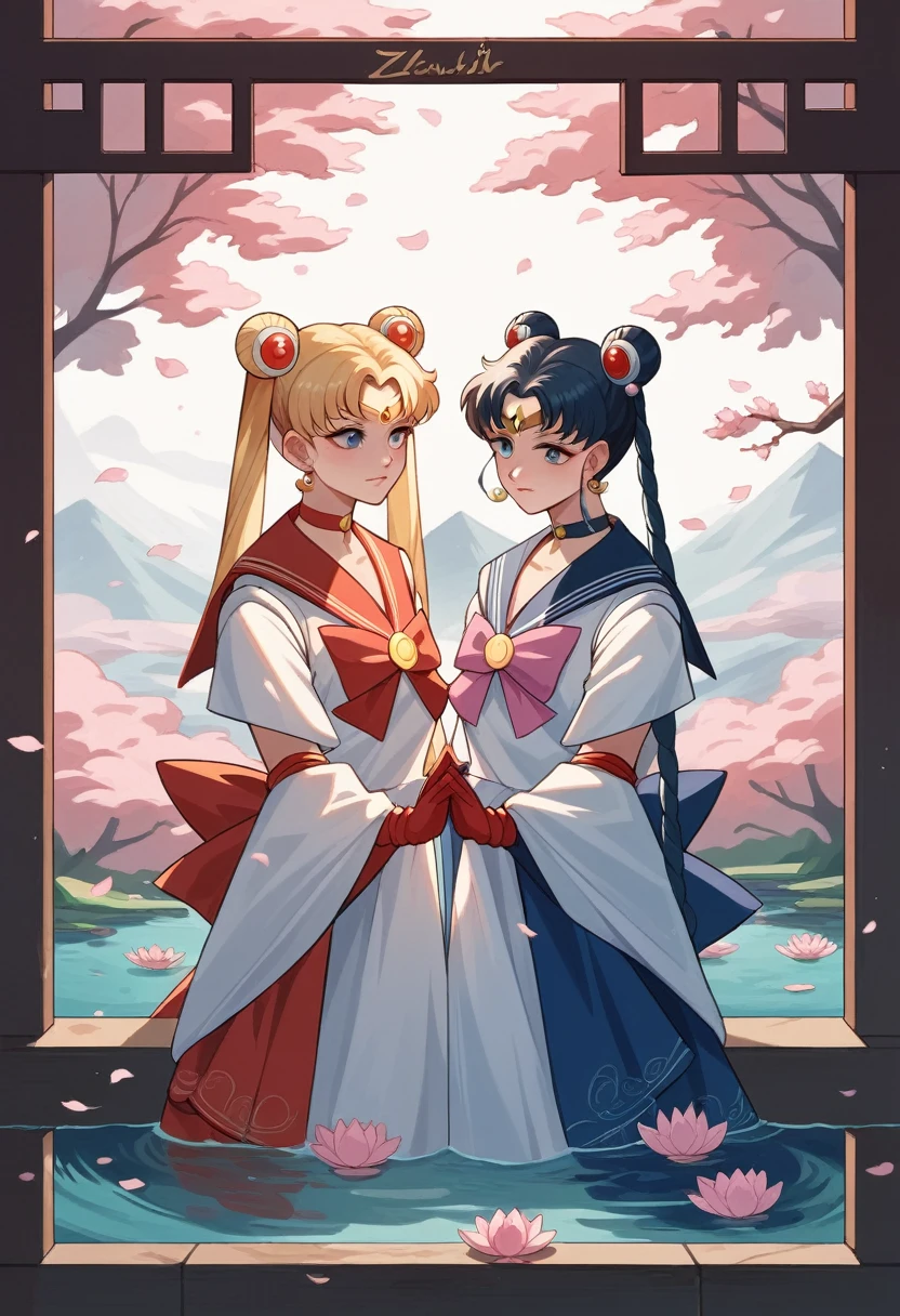 Sailor Moon,多种变化的Cherry blossoms,Sailor Moon,Cherry blossoms,Two girls,Dressed in ancient Chinese costumes,Flowing tulle,Light Silk,Lazy posture,Big lotus leaf,lotus,Ink painting style,Clean colors,Decisive cuts,Leave a blank,Impressionism,masterpiece,Ultra Detailed,Epic Composition, high quality, Highest quality, 4K
