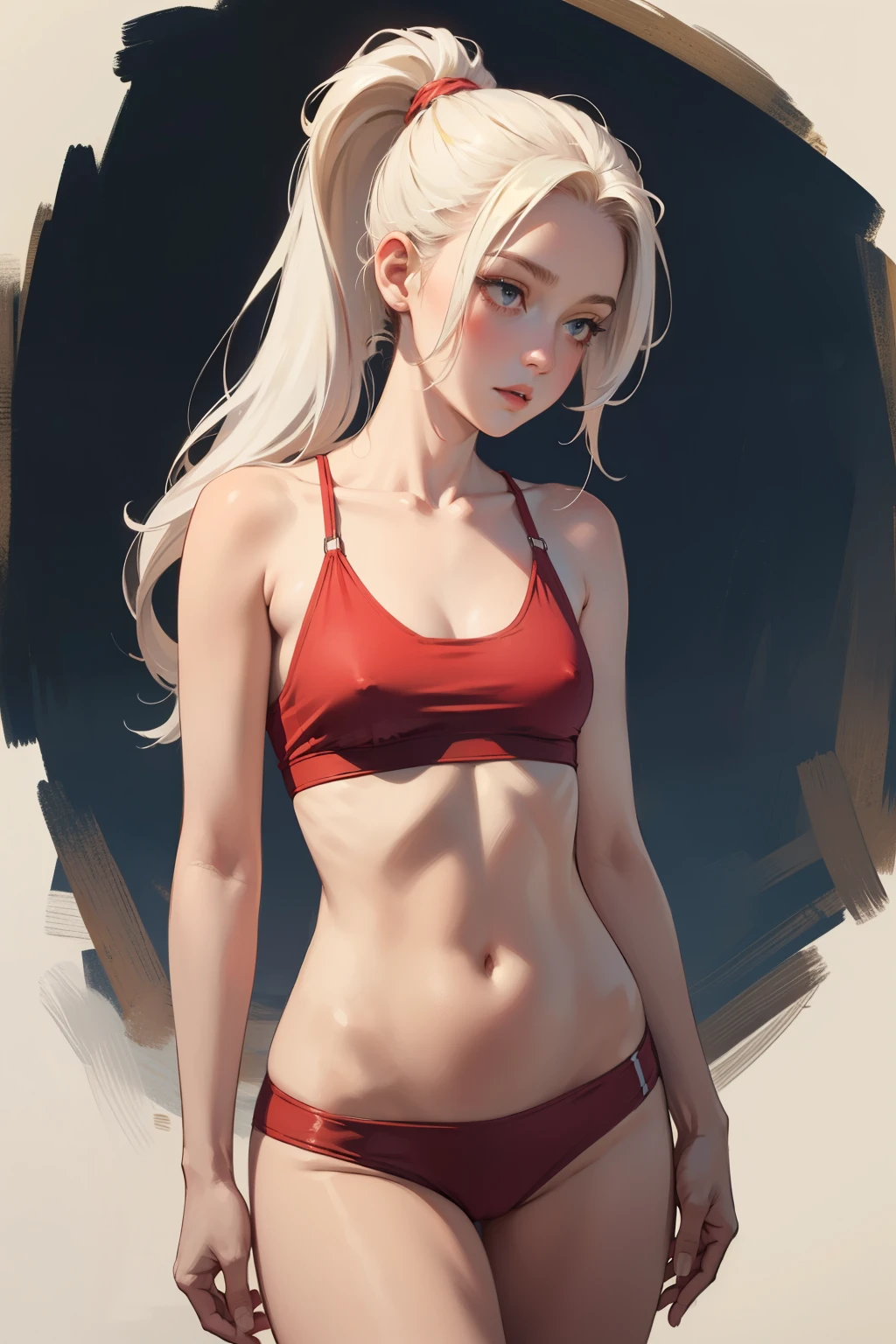 ((best quality)), ((masterpiece)), (detailed), NSFW, small breasts, prominent collarbones, skinny arms, flat stomach, visible hip bones, long hair, red hair, white hair, blonde hair, dark hair, ponytail, thick ponytail, heavy ponytail