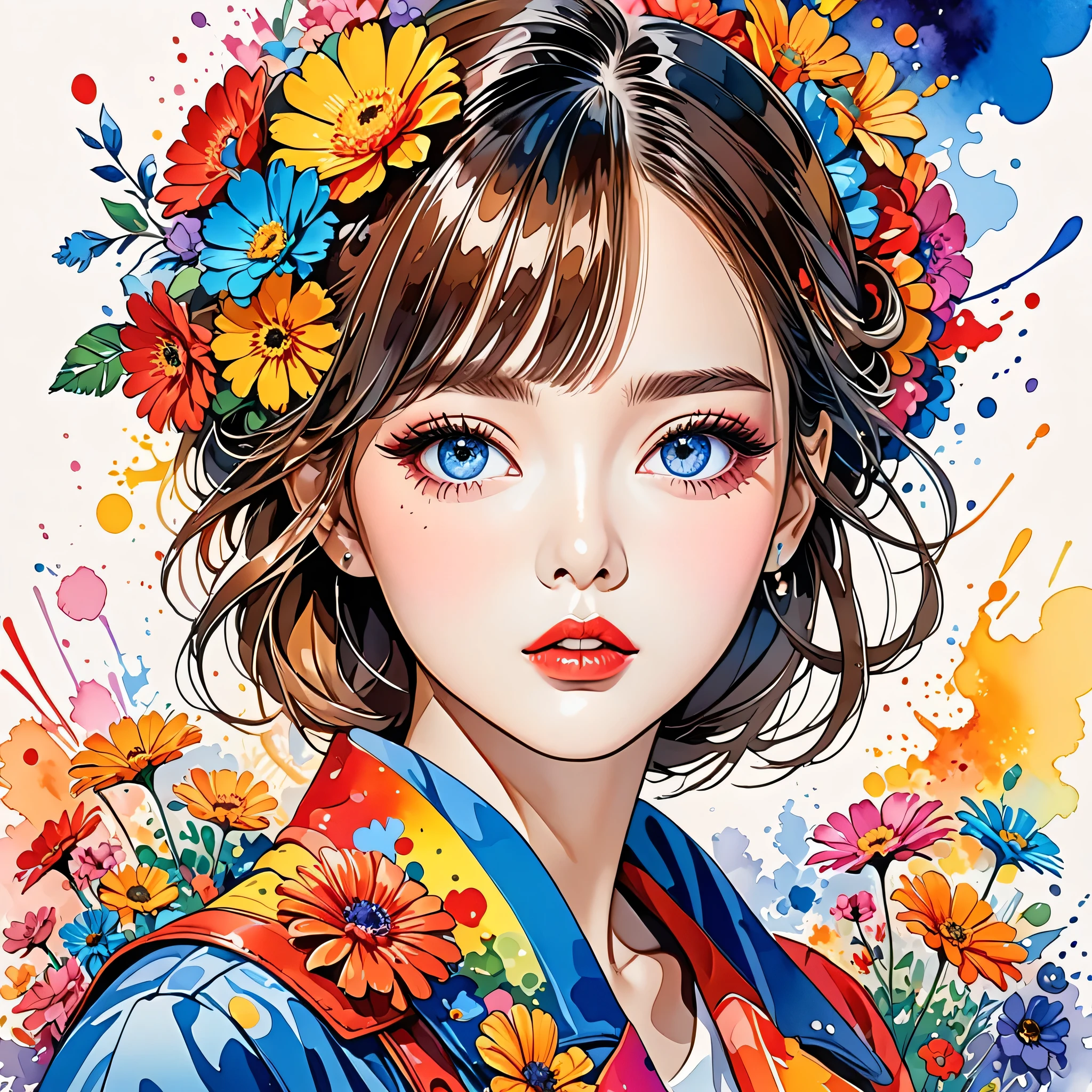 Mika Pikazo Style、(((stylish fashion))), 8K Quality、Intense watercolor, Detailed watercolor art, Watercolor splash, Surreal, avant-garde pop art, Beautiful and expressive paintings, Beautiful artwork illustration, Very colorful tones, wonderful, Cool beauty, highest quality、Official Art, Vector art, Stylish design, (((The most beautiful girl))), (((highest quality))), HDR, ((detailed)), (((Doodle Art)), ((masterpiece)), ((Super detailed)), (((Colorful flowers))),(((Stylish)))
