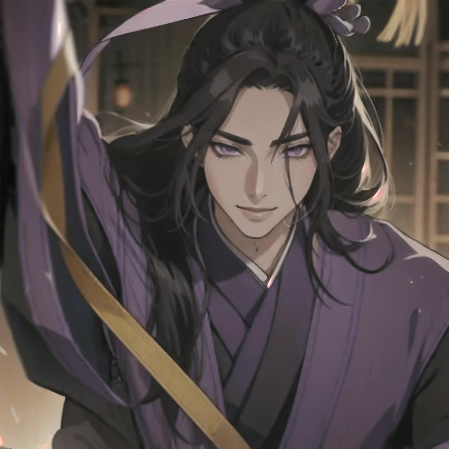 (masterpiece, best quality:1.2), 1male, solo, jiang cheng, mo dao zu shi, mdzs, purple and black clothes, purple eyes, long black hair, perfect anatomy, smile, pervert