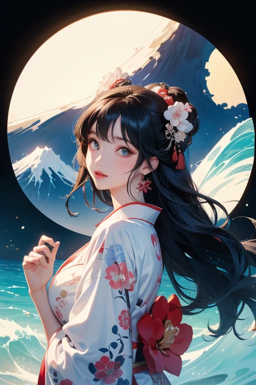 (Highest quality、masterpiece、High resolution、8K)、Ukiyo-e、Vibrant colors、Katsushika Hokusai、1 female、Long Black Hair、The kimono has a vivid floral pattern on a white background.、White waves and Mt. Fuji、Reddish Fuji、White waves, the moon and a woman、White waves, a boat and a woman、White waves, a woman and a seagull、Official Art、背景はUkiyo-e風