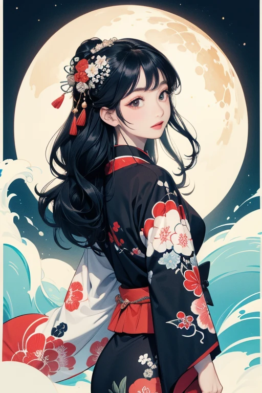(Highest quality、masterpiece、High resolution、8K)、Ukiyo-e、Vibrant colors、Katsushika Hokusai、1 female、Long Black Hair、The kimono has a vivid floral pattern on a white background.、White waves and Mt. Fuji、Reddish Fuji、White waves, the moon and a woman、White waves, a boat and a woman、White waves, a woman and a seagull、Official Art、背景はUkiyo-e風