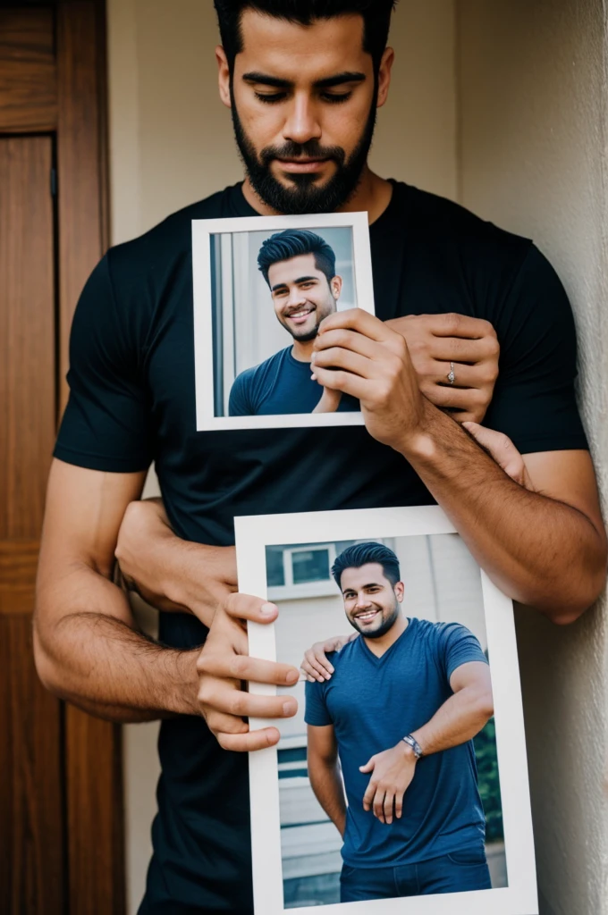 A male friend hugs a picture of a male friend who has passed away.