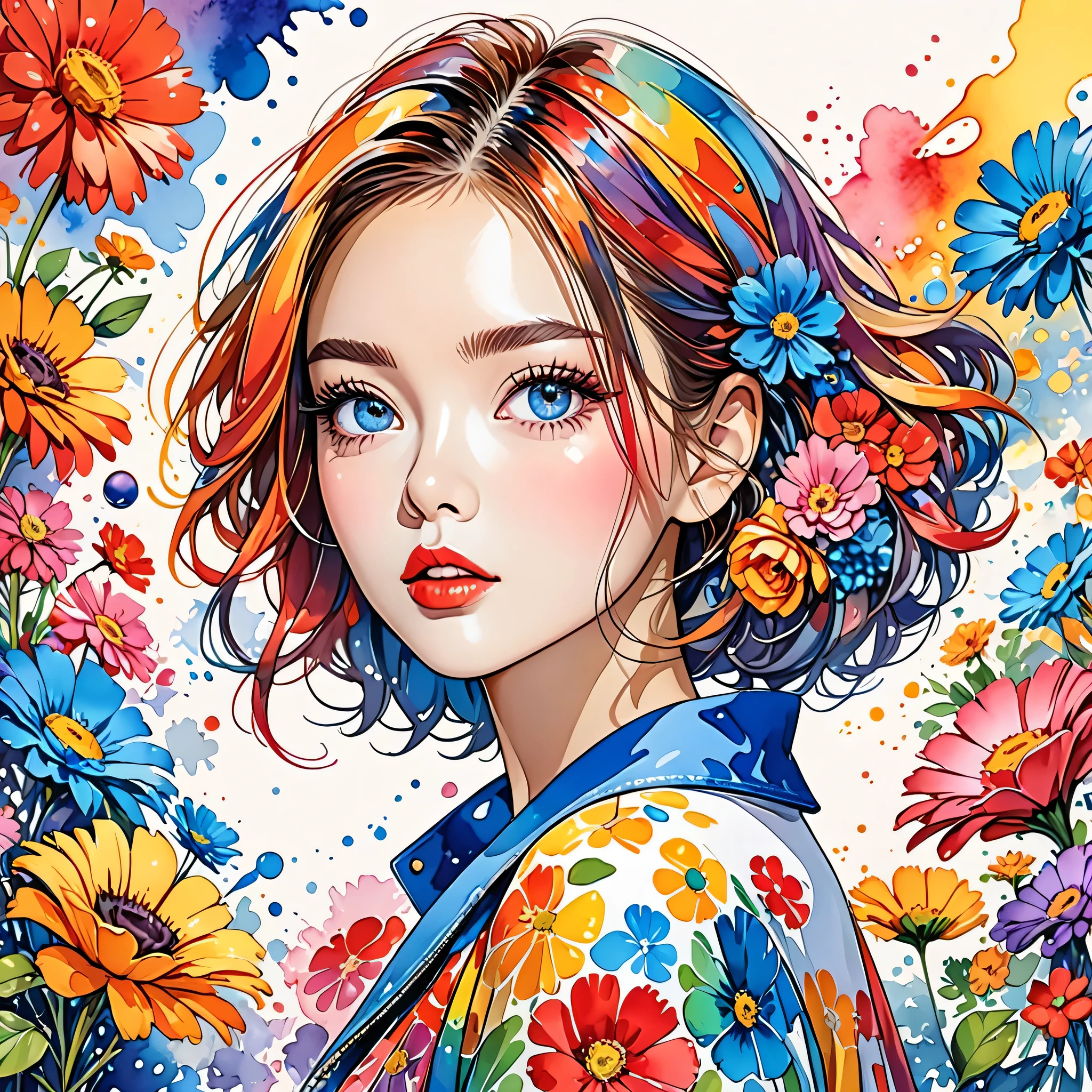 Mika Pikazo Style、(((stylish fashion))), 8K Quality、Intense watercolor, Detailed watercolor art, Watercolor splash, Surreal, avant-garde pop art, Beautiful and expressive paintings, Beautiful artwork illustration, Very colorful tones, wonderful, Cool beauty, highest quality、Official Art, Vector art, Stylish design, (((The most beautiful girl))), (((highest quality))), HDR, ((detailed)), (((Doodle Art)), ((masterpiece)), ((Super detailed)), (((Colorful flowers))),(((Stylish)))