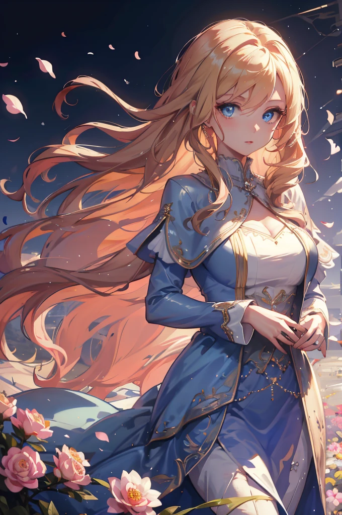 (very delicate, Masterpiece, Excellent lighting and shadows, HD wallpaper 8K), woman, white skin, plump lips, big eyes, Blonde hair, Long hair with curls at the ends, blue eyes, gentle, Wear a long pink dress., The cloth fluttered in the wind., In the middle of a field of flowers, holding a bouquet, Wear a wedding ring.