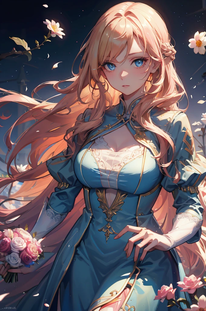 (very delicate, Masterpiece, Excellent lighting and shadows, HD wallpaper 8K), woman, white skin, plump lips, big eyes, Blonde hair, Long hair with curls at the ends, blue eyes, gentle, Wear a long pink dress., The cloth fluttered in the wind., In the middle of a field of flowers, holding a bouquet, Wear a wedding ring.