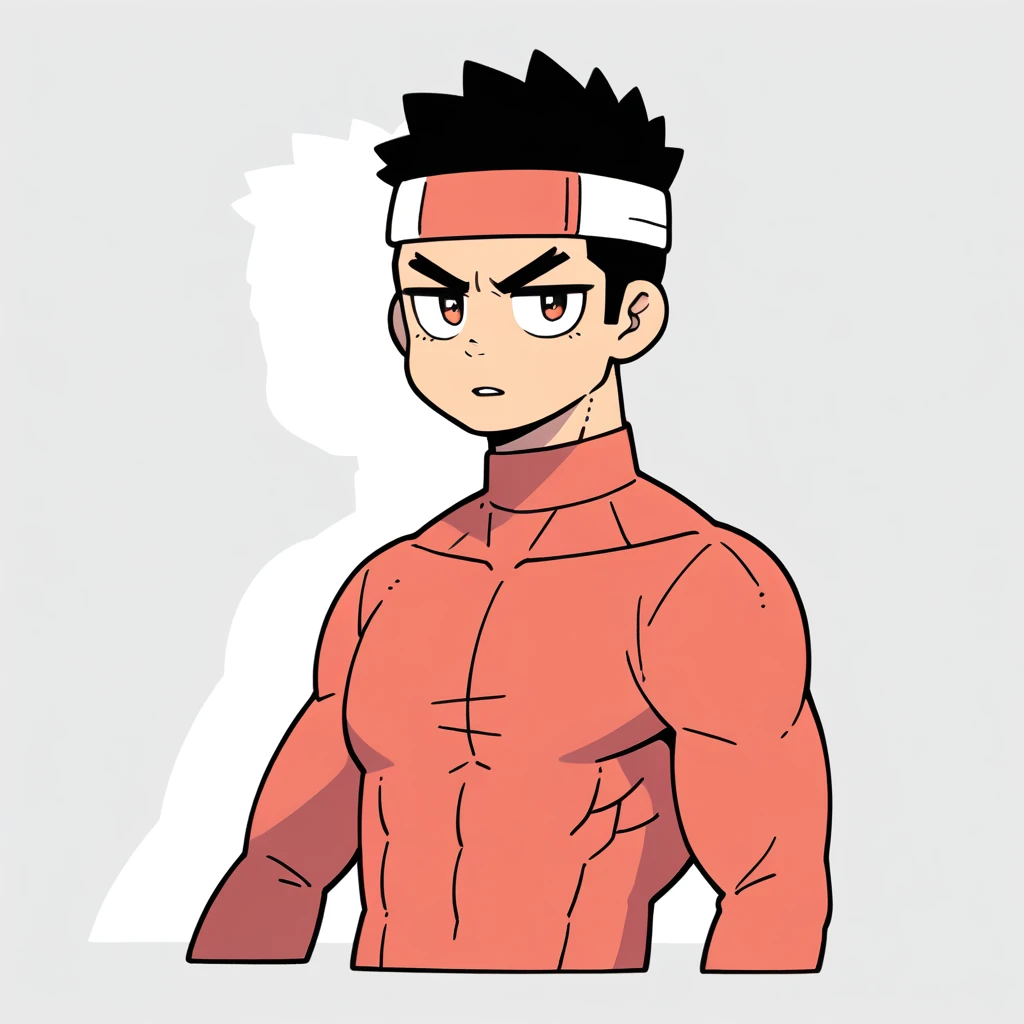 anime characters:Gyee, Muscle Sports Student, Manliness, sports headband, male focus, Cute boy with big eyes, high collar long sleeve tight T-shirt, Slightly transparent material, Very tight, Round, full and perky chest muscles, Slightly transparent, muscular male, muscular, only, Upper body, alone, Black short hair, Thick eyebrows, stubble, Cute little eyes, Brown-red pupils, Grey background, simple background, amazing quality, best aesthetics, Ridiculous, crew cut, parted lips, v-shaped eyebrows, jitome, drop shadow, best quality