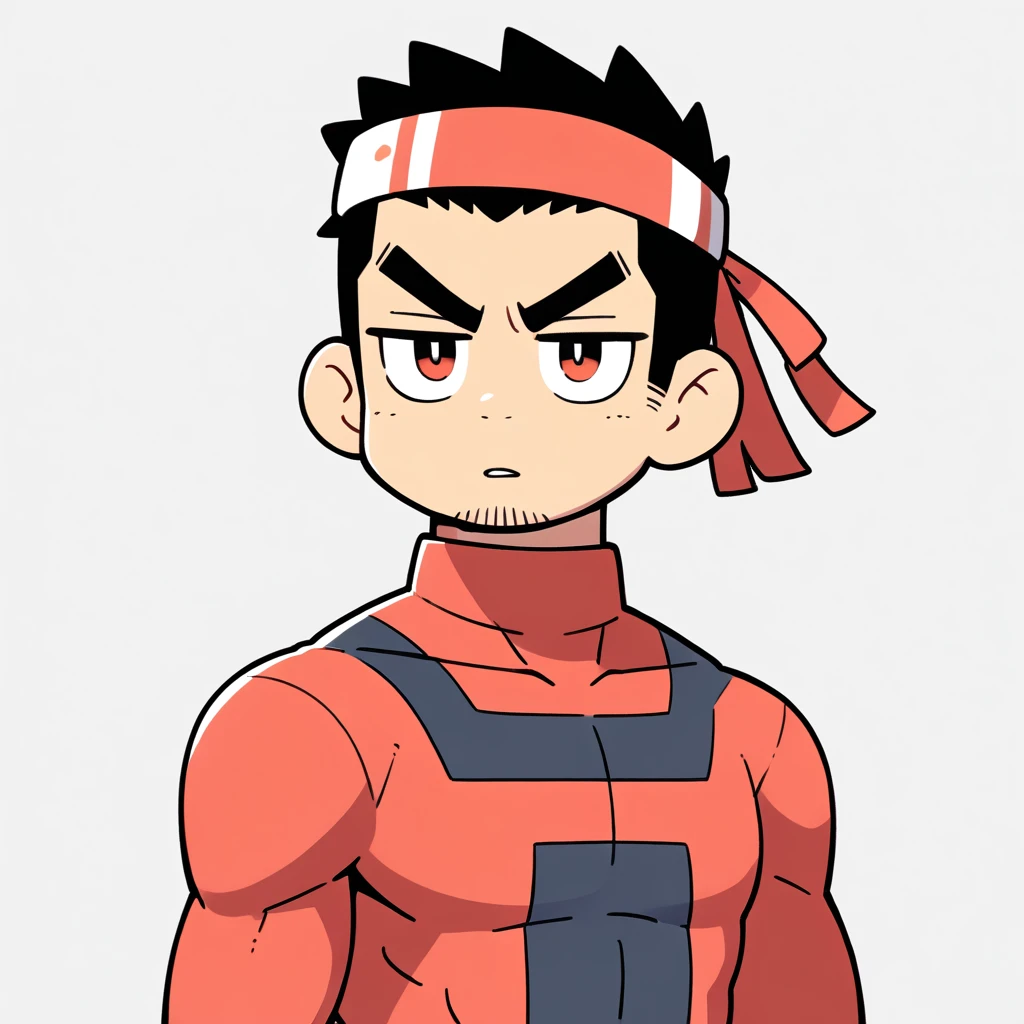 anime characters:Gyee, Muscle Sports Student, Manliness, sports headband, male focus, Cute boy with big eyes, high collar long sleeve tight T-shirt, Slightly transparent material, Very tight, Round, full and perky chest muscles, Slightly transparent, muscular male, muscular, only, Upper body, alone, Black short hair, Thick eyebrows, stubble, Cute little eyes, Brown-red pupils, Grey background, simple background, amazing quality, best aesthetics, Ridiculous, crew cut, parted lips, v-shaped eyebrows, jitome, drop shadow, best quality