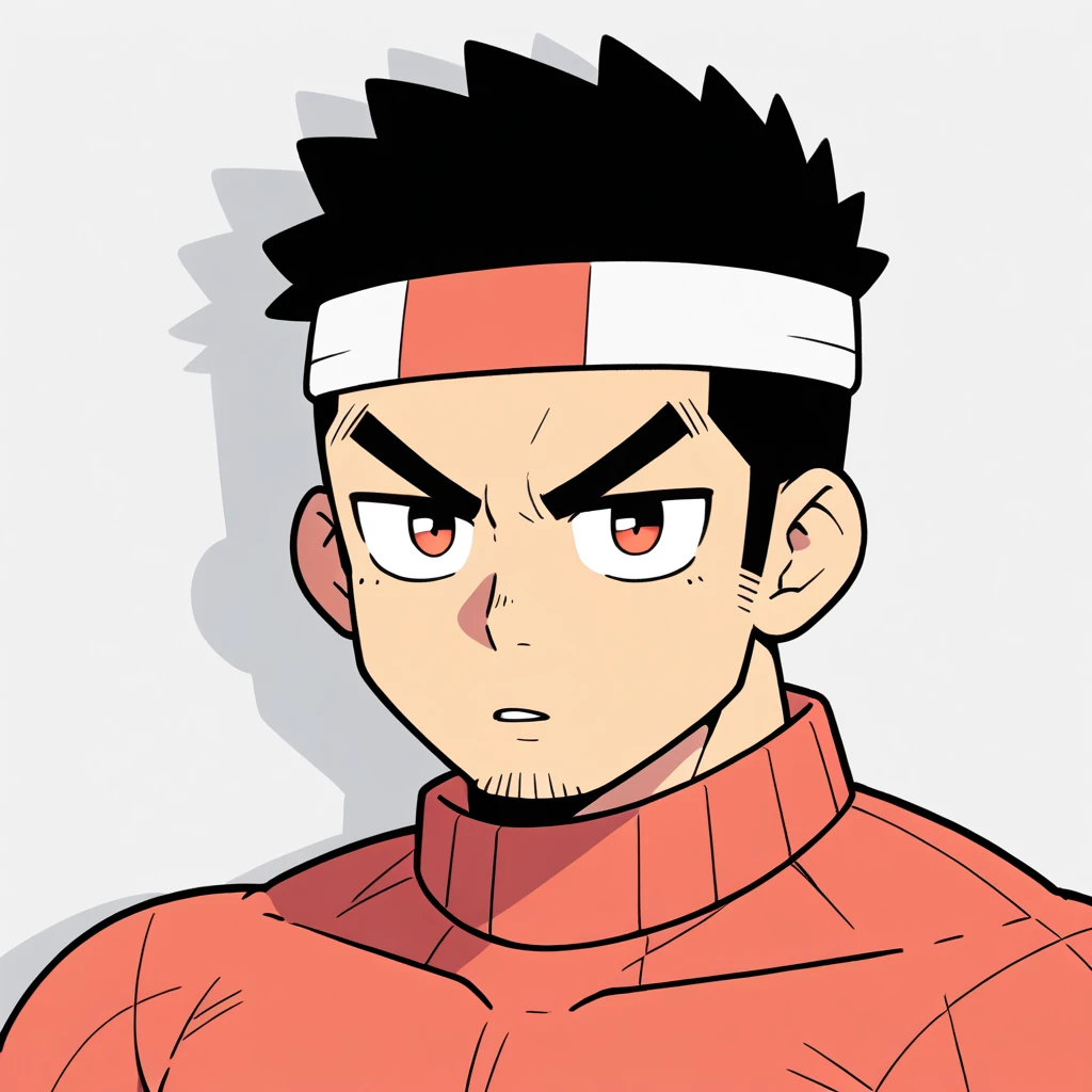 anime characters:Gyee, Muscle Sports Student, Manliness, sports headband, male focus, Cute boy with big eyes, high collar long sleeve tight T-shirt, Slightly transparent material, Very tight, Round, full and perky chest muscles, Slightly transparent, muscular male, muscular, only, Upper body, alone, Black short hair, Thick eyebrows, stubble, Cute little eyes, Brown-red pupils, Grey background, simple background, amazing quality, best aesthetics, Ridiculous, crew cut, parted lips, v-shaped eyebrows, jitome, drop shadow, best quality