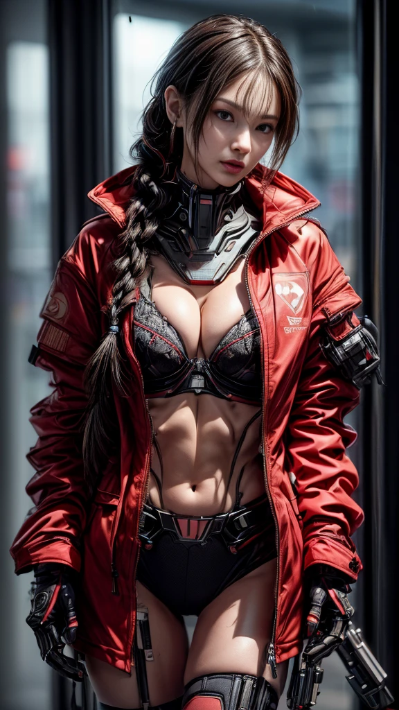 (nsfw:1.2)、Very beautiful woman、Slender women、(Detailed face)、Realistic Skin、((Delicate photo)),(Girl Masterpiece RAW Photo Details:1.25), (Highest quality:1.6), (Ultra-high resolution:1.5), (Realistic:1.75), 8K resolution, Canon EOS R5, 50mm, Absurd, Ultra-detailed,Cinema Lighting、One girl, 白hair,((hime_cut))、Smile、 Window Shades,((Super tight red jacket coat)), Chest Rig, cyber punk, ((Techwear)),I can see your abs、Bra Top、((Big Breasts))、((The abdomen is visible))、(((Ultra-delicate and futuristic design)))、(((Bite)))、((logo))、((Text on clothing))、(((Micro Size Underwear)))、((With the weapons of the future))、((twin braids))