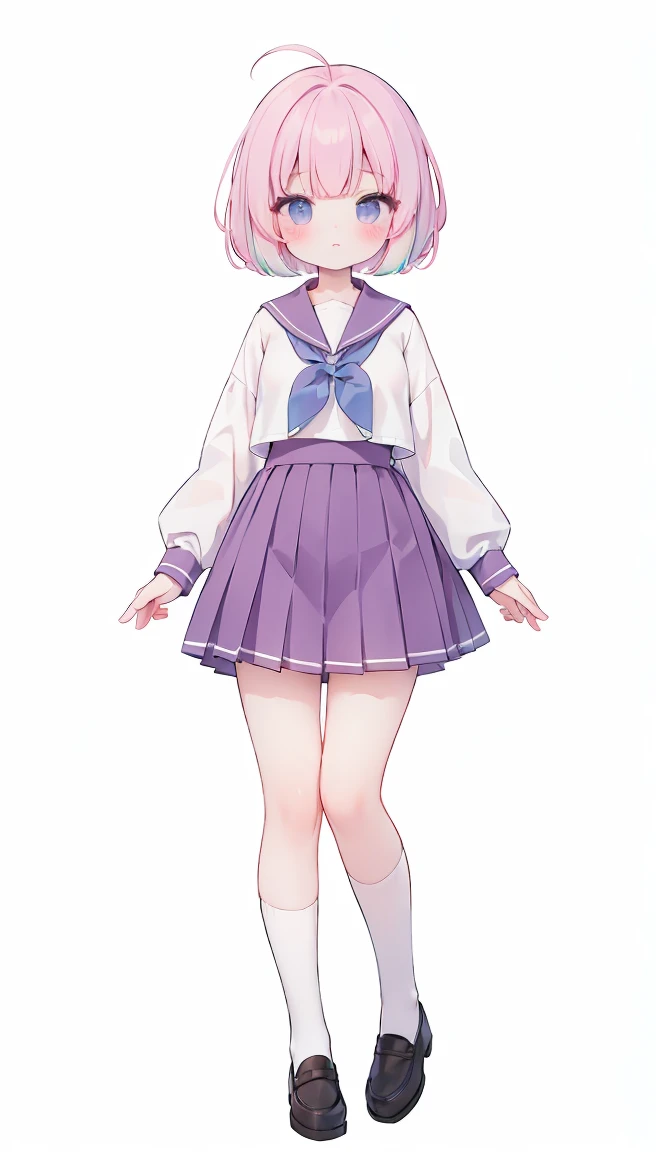 masterpiece, best quality, high resolution, white simple background, standing, bob hair, slim waist, cute, sailor uniform, purple skirt, knee high long socks, (Pastel Colors: 1.3), full body
