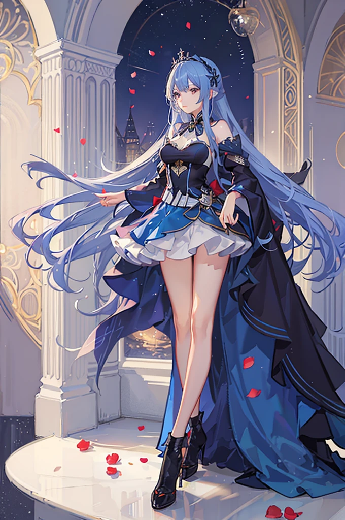 A girl with long blue hair, wearing a royal dress, surrounded by rose petals, magical and shimmering colors, magical and sparkling effects, panoramic view from afar
