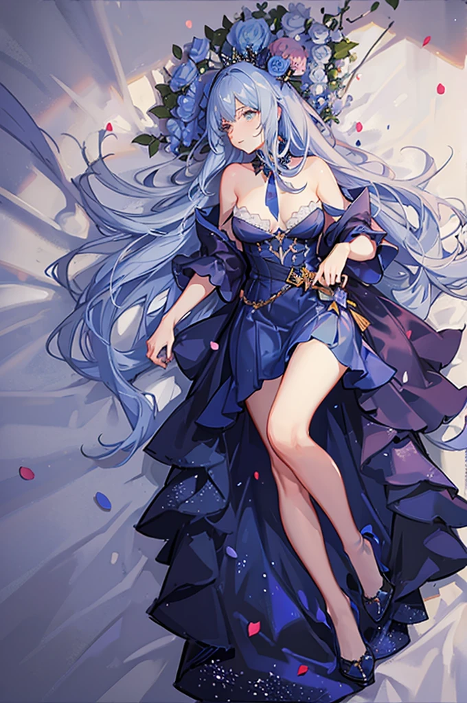 A girl with long blue hair, wearing a royal dress, surrounded by rose petals, magical and shimmering colors, magical and sparkling effects, panoramic view from afar
