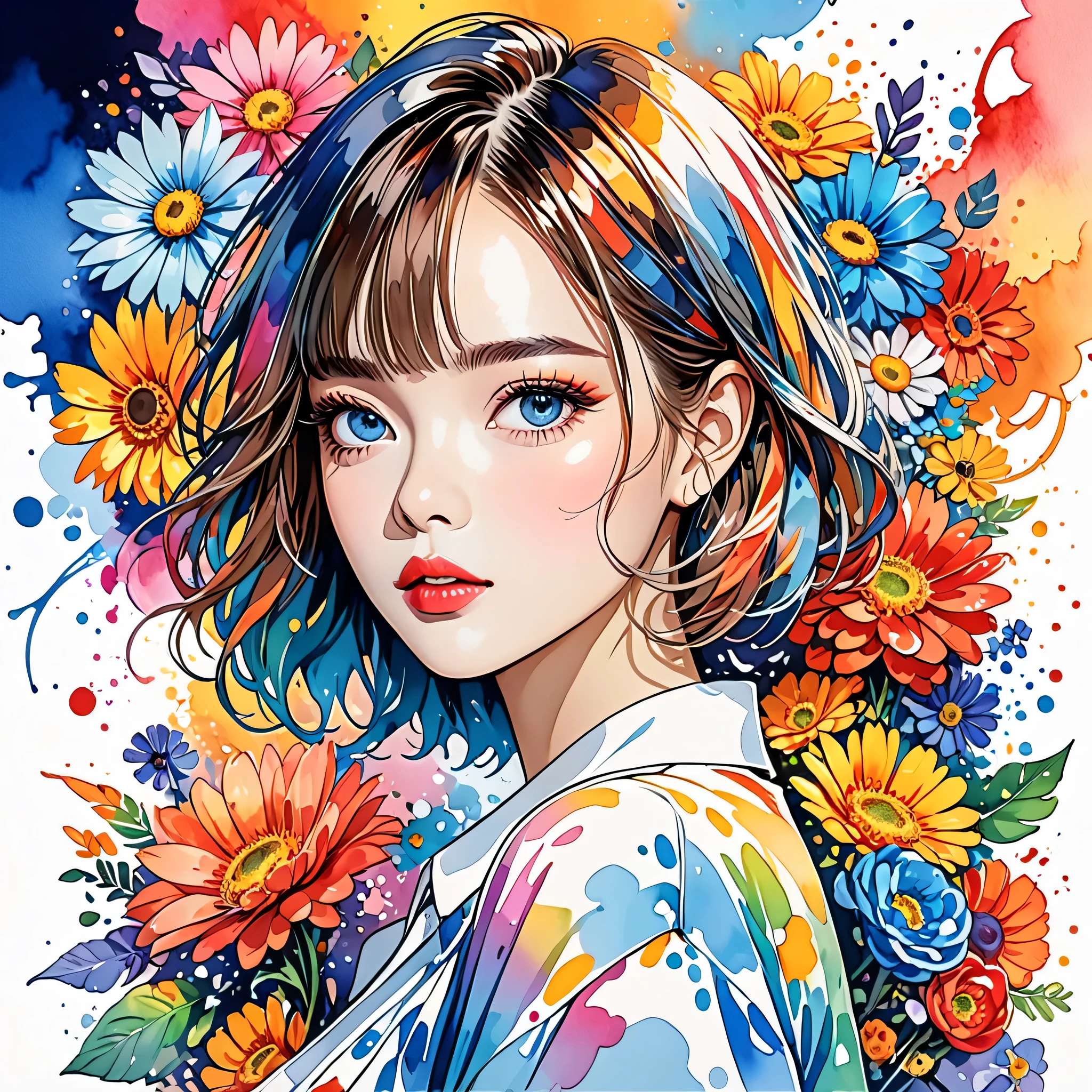 Mika Pikazo Style、(((stylish fashion))), 8K Quality、Intense watercolor, Detailed watercolor art, Watercolor splash, Surreal, avant-garde pop art, Beautiful and expressive paintings, Beautiful artwork illustration, Very colorful tones, wonderful, Cool beauty, highest quality、Official Art, Vector art, Stylish design, (((The most beautiful girl))), (((highest quality))), HDR, ((detailed)), (((Doodle Art)), ((masterpiece)), ((Super detailed)), (((Colorful flowers))),(((Stylish)))