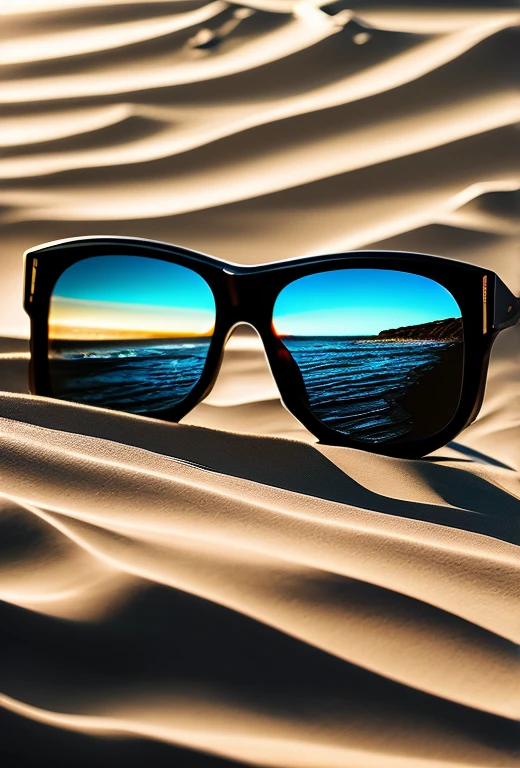 a low angle shot of a pair of sunglasses on the sand of a beach, waves in the background, full moon night, the sunglasses reflecting the moon, black and white lineart, high contrast, dramatic lighting, cinematic, minimalist, detailed texture, intricate design, moody atmosphere, photorealistic, 8k, masterpiece