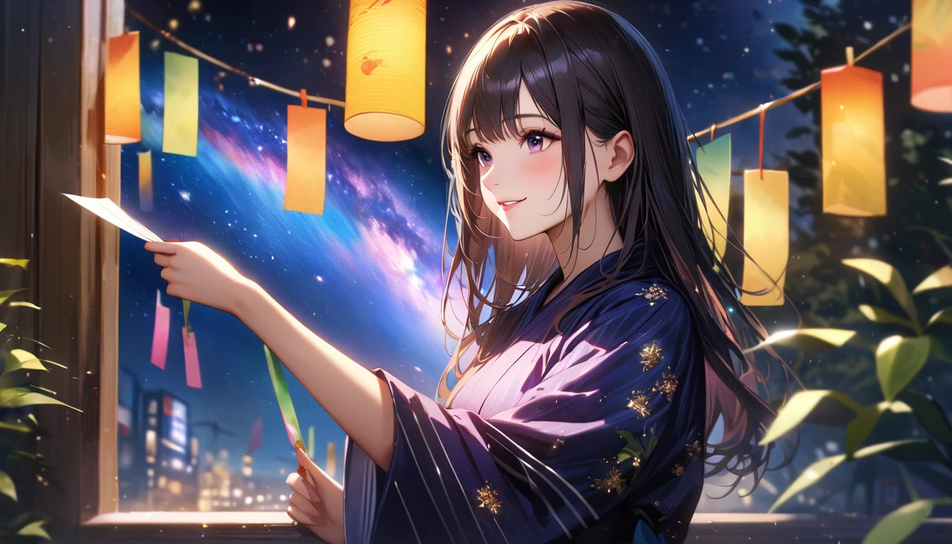 Tanabata,night, milky way,Yukata, Hold a paper strip in one hand,Looking at the sky,Blur the background,high school girl,smile,Glitter effect,Highest quality, 8K, High resolution, masterpiece:1.2, Very detailed, Realistic:1.37, High resolution, 超High resolution, Ultra-fine painting, Very detailed, Professional, Vibrant colors