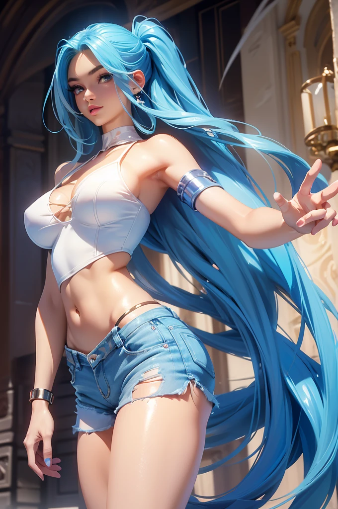 (best quality: 1.2), clean face, (masterpiece: 1.2, 8k) perfect anatomy, 1girl,a beautiful fashion model ,(masterpiece, official art, best quality ,long and shiny hair, blue hair with streaks in hair, long hair, full lips, slender body, slim body big breasts, looking at viewer, revealing outfit, absurdity, intricate details, dynamic pose, club, , wearing short shorts and a tight white top, cleavage, torn clothes, thong straps
