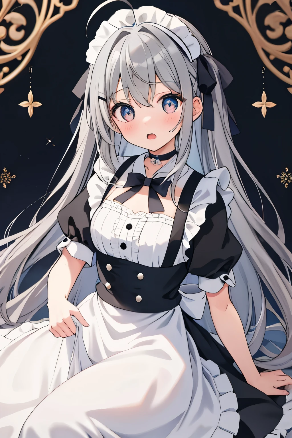 {{{masterpiece}}}, {{{Highest quality}}}, {{Super detailed}}, {beautiful, 細かいeye}, One girl, alone, ((Gray Hair)), Very long hair, 青いeye, (Straight hair), (bangs), choker, Ahoge, tooth, (Blue X Hairpin), (Cute maid outfit), Shocked, beautiful,eye, Surprised face, Open Mouth, Looking up,