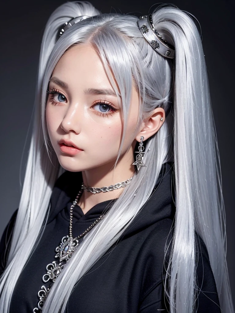 a beautiful girl with long silver twin tails, wearing a vintage gothic hoodie, looking up with a cute expression, high quality detailed jewelry including necklace, rings, bracelets, and earrings, extremely detailed facial features, intricate and stylish pose, photorealistic, 8k, masterpiece
