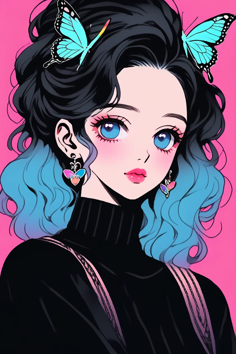 (Highest quality, sketch:1.2),Realistic,Illustrator,anime,1 Girl, Detailed lips,sweater,custom,Pink gradient background,Neon Hair,Texture Cropping,masterpiece, Style: Retro Classic, Dark Black、Braid、Under the Moon、All black hair、Beautiful butterfly、２Two rainbow butterfly hair ornaments、Long Hair、Hair is a night 、Blue Eyes