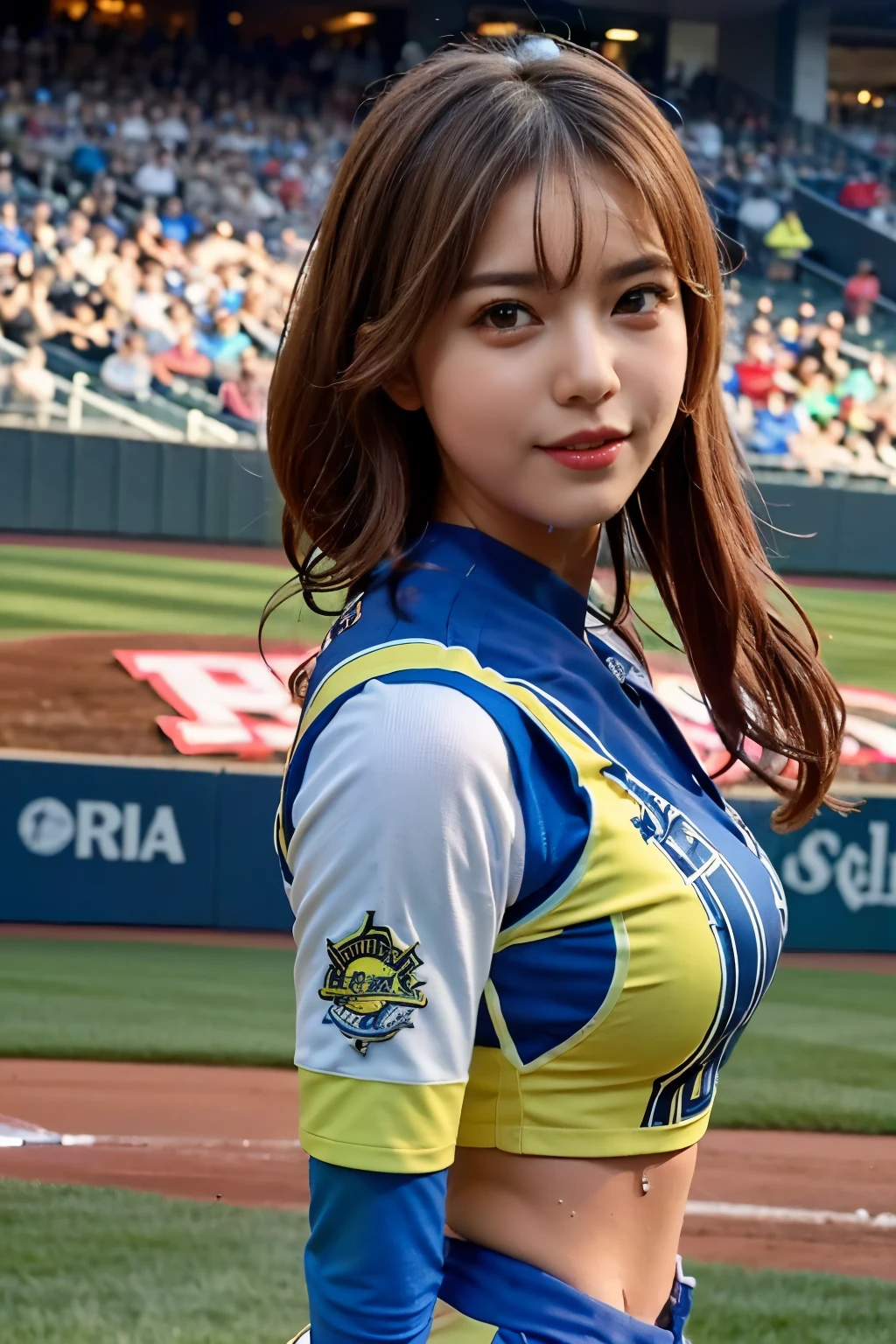 masterpiece, Highest quality, Super detailed), Portrait of an 18 year old woman with light brown hair, Green round eyes, erotic, , Wet with water, 、 (baseball Ground, Baseball uniform, Flashy uniforms, First pitch, pitcher, )  - Auto Ultra Realistic, huge firm bouncing busts, Deep cleavage, Oblique view from below, 