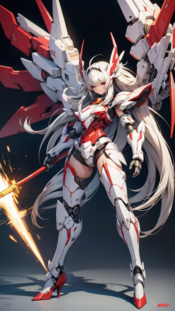 Huge mecha with long white hair，Chest，Full body red armor，helmet，female robot，mechanical joint，wing，Thruster，high heels，front，Sci-fi city