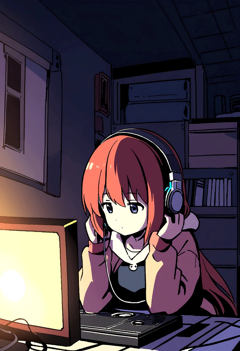 night、Girl listening to music in a cozy room, Use headphones, 2D Style Anime, Lo-Fi, hard disk, Dark Environment