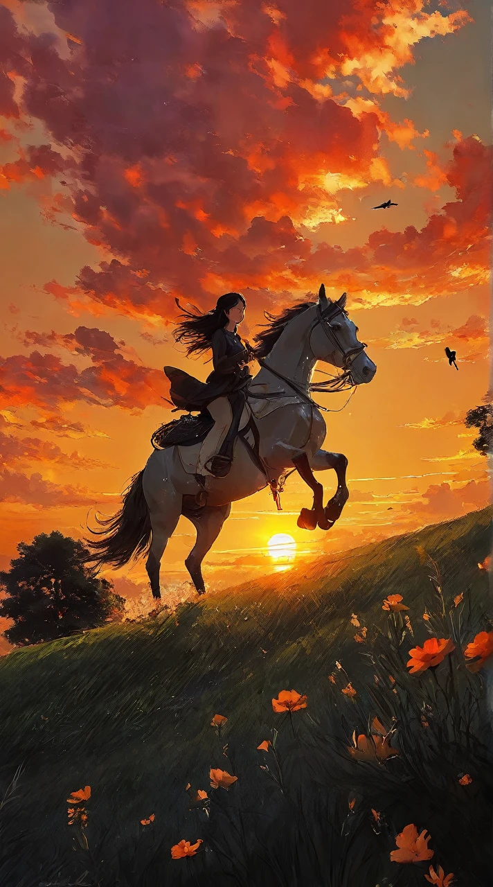 horse, horseback_riding, outdoors, riding, sky, 1girl, cloud, sunset, long_hair, artist_name, grass, solo, black_hair, flower, cloudy_sky, orange_sky, animal, watermark, bird, scenery