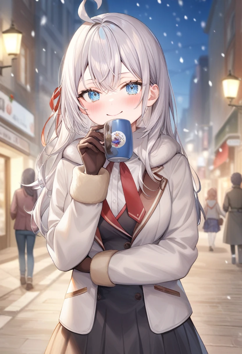 One girl,  Alisa Mikhailovna Kujo,Tomorrow, my friend, Arya-san, will be visiting Russia.,alone, Long Hair, Eyebrows visible through hair, Hair between the eyes, Silver Hair, Hair Ribbon, blue eyes, Medium chest, ,Long sleeve, Jacket,
View your viewers, 
Highest quality, so beautiful, Snowing street