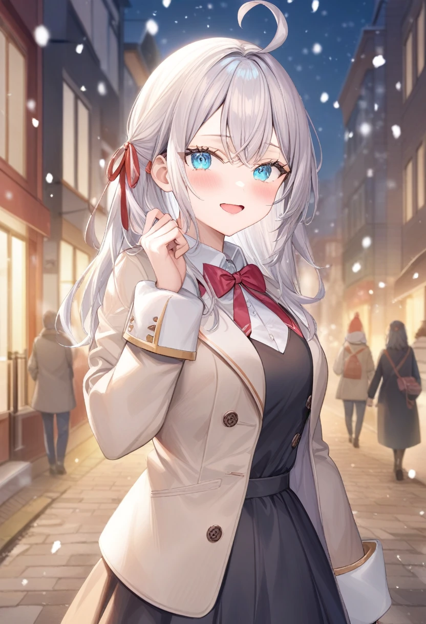 One girl,  Alisa Mikhailovna Kujo,Tomorrow, my friend, Arya-san, will be visiting Russia.,alone, Long Hair, Eyebrows visible through hair, Hair between the eyes, Silver Hair, Hair Ribbon, blue eyes, Medium chest, ,Long sleeve, Jacket,
View your viewers, 
Highest quality, so beautiful, Snowing street