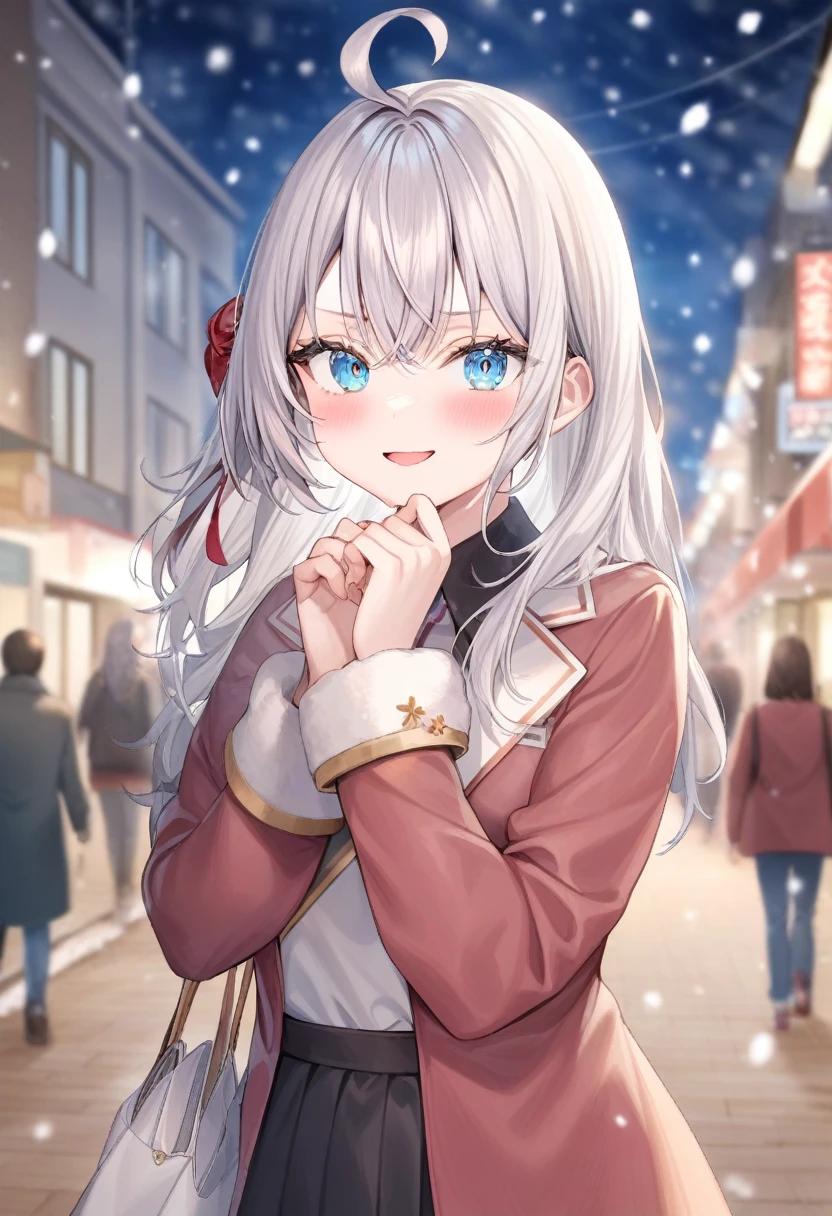 One girl,  Alisa Mikhailovna Kujo,Tomorrow, my friend, Arya-san, will be visiting Russia.,alone, Long Hair, Eyebrows visible through hair, Hair between the eyes, Silver Hair, Hair Ribbon, blue eyes, Medium chest, ,Long sleeve, Jacket,
View your viewers, 
Highest quality, so beautiful, Snowing street